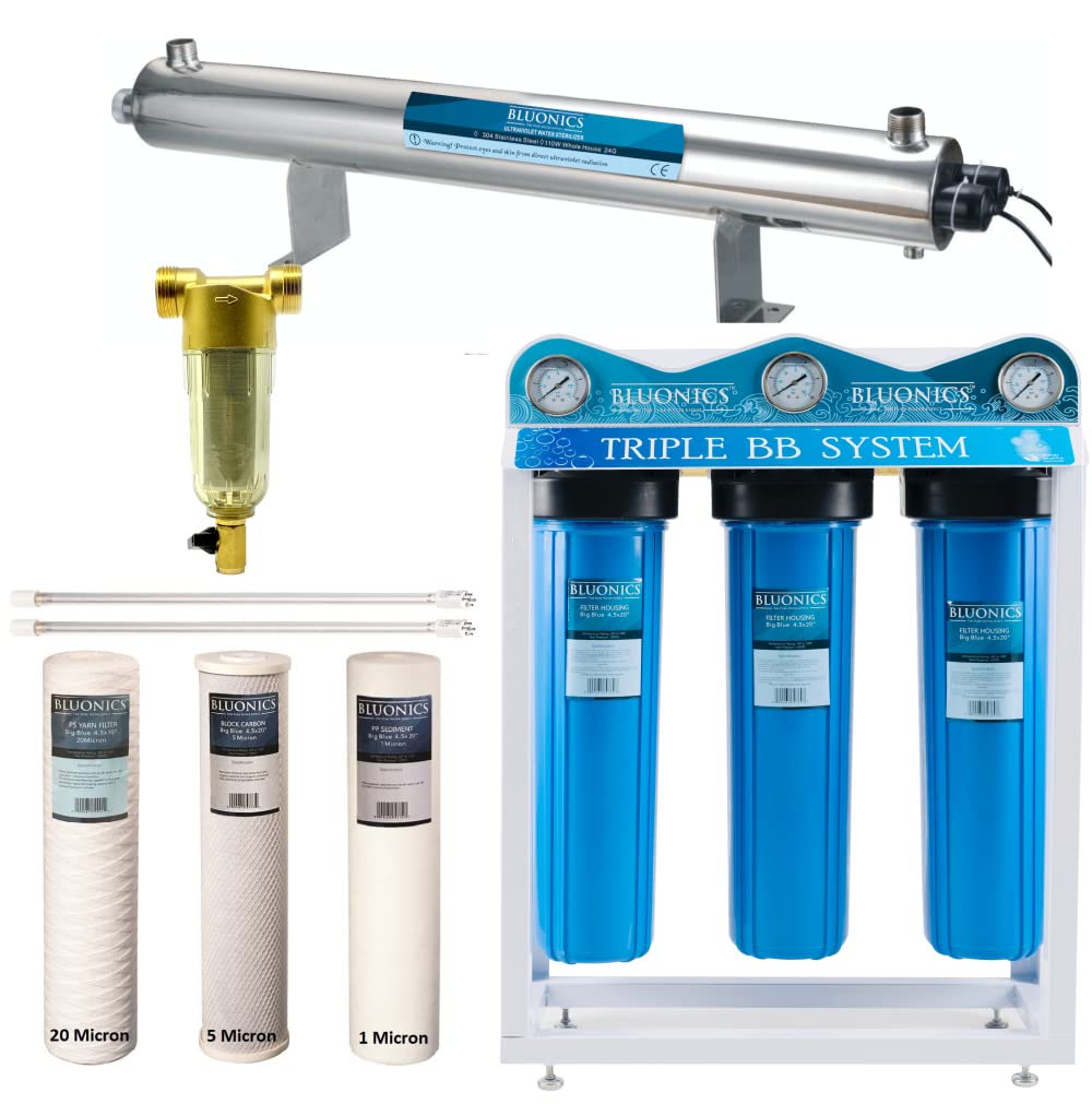 Complete Well Water Solution with UV Sediment Carbon Filter Purifier System 24GPM Triple Housing 40 Mic Pre Filter M7248