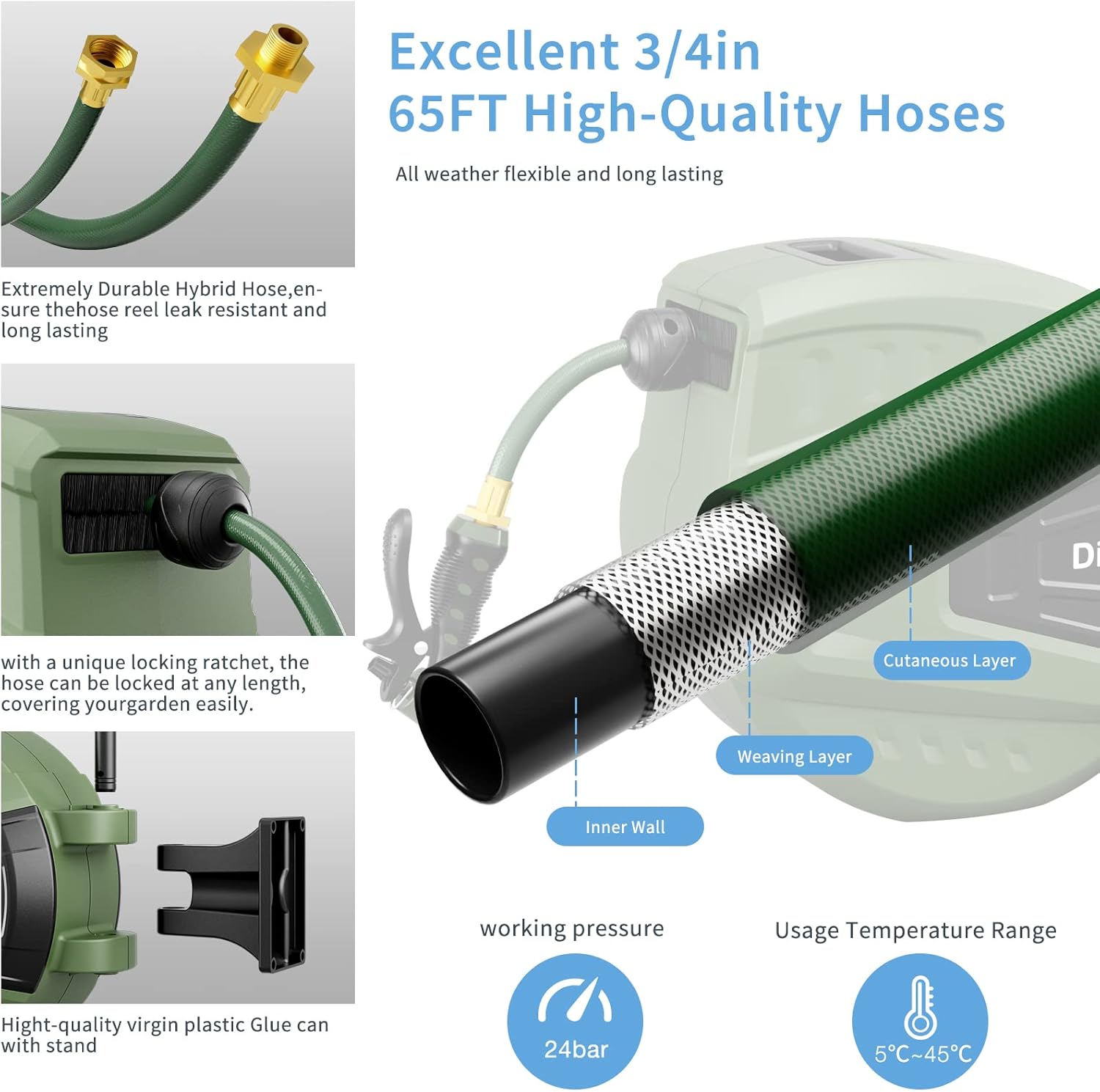 Retractable Garden Hose Reel 65 ft, Wall Mount, Automatic Rewind, 180° Swivel Bracket, 9 Pattern Hose Nozzle P696