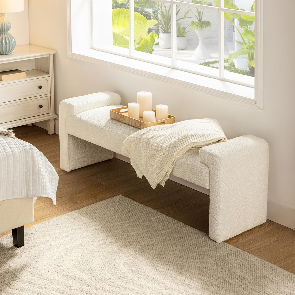 Ivory Fabric Upholstered Bench with Solid Wood Frame N479984