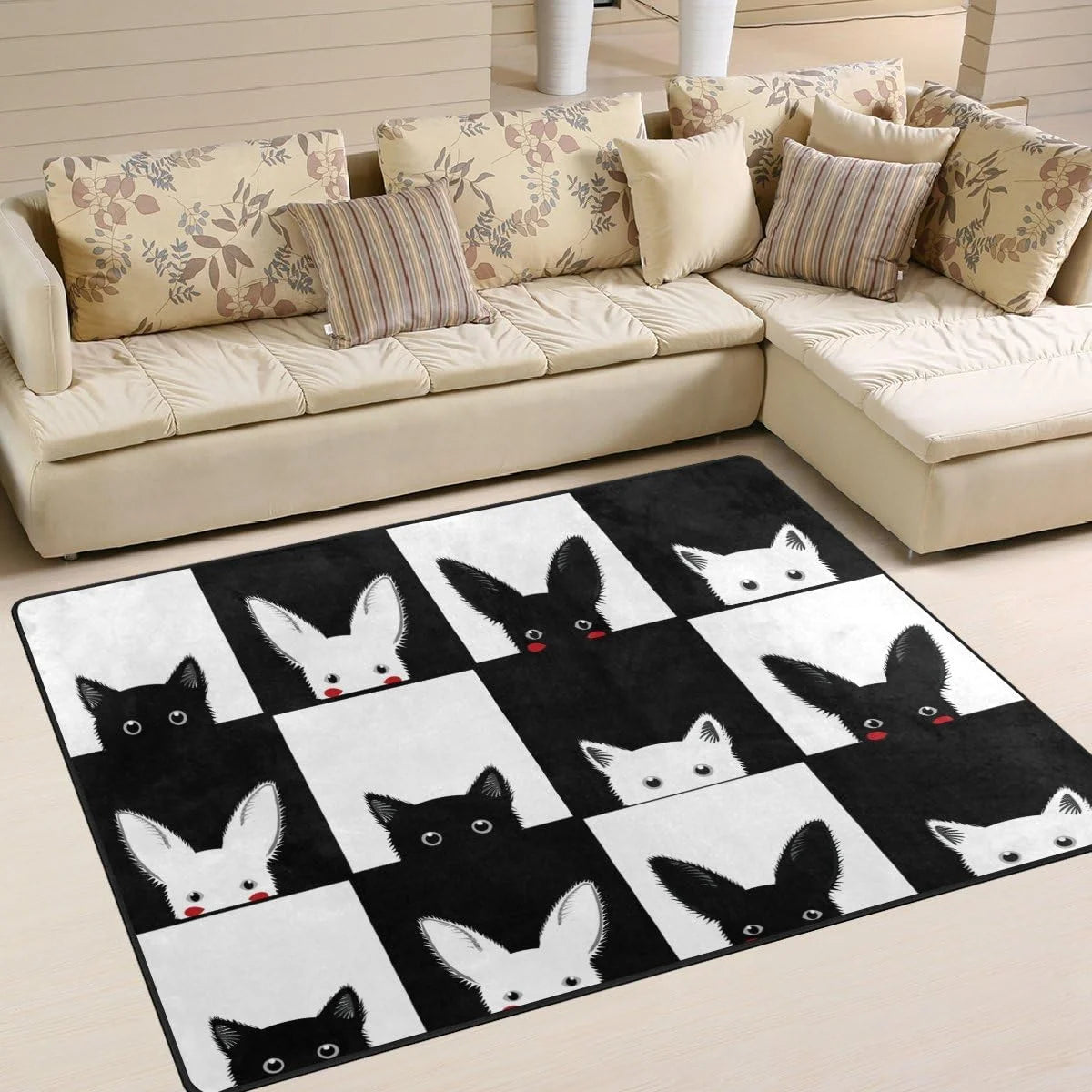 Black White Cat Rabbit Chess Board Lightweight Carpet Mats, 6'8" x 4'10" Area Rug Z472