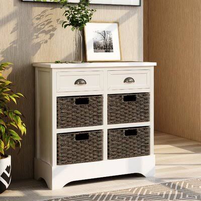 White Rustic Storage Cabinet with Two Drawers and Four Rattan Basket A32691