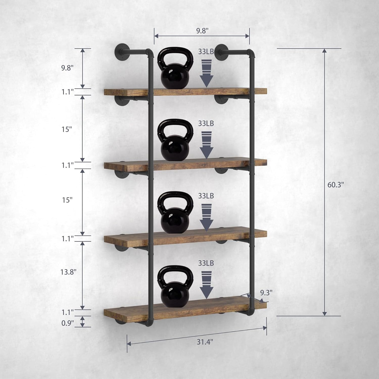 Industrial Wall Mount Iron Pipe Shelf Black 3 Tier X2 R82433
