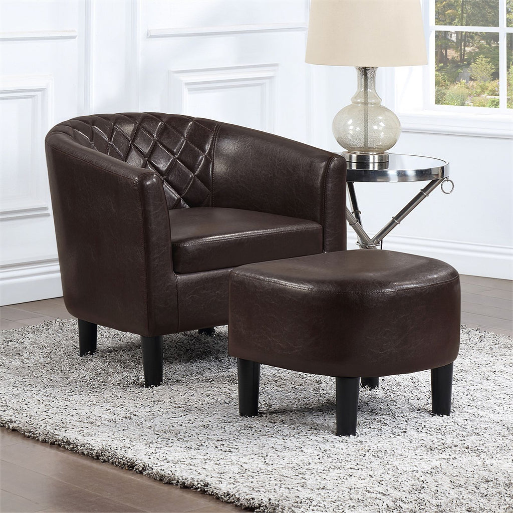 Espresso Faux Leather Fabric Accent Chair with Ottoman D7718