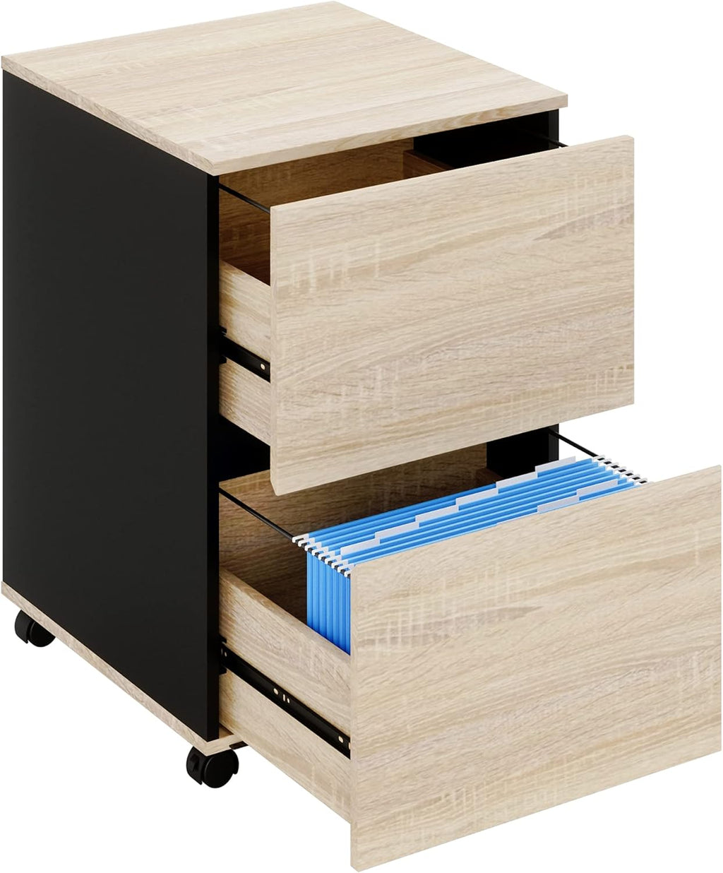 Brown 2 Drawer Mobile File Cabinet with File Holders Wood Rolling Filing Cabinet G1692