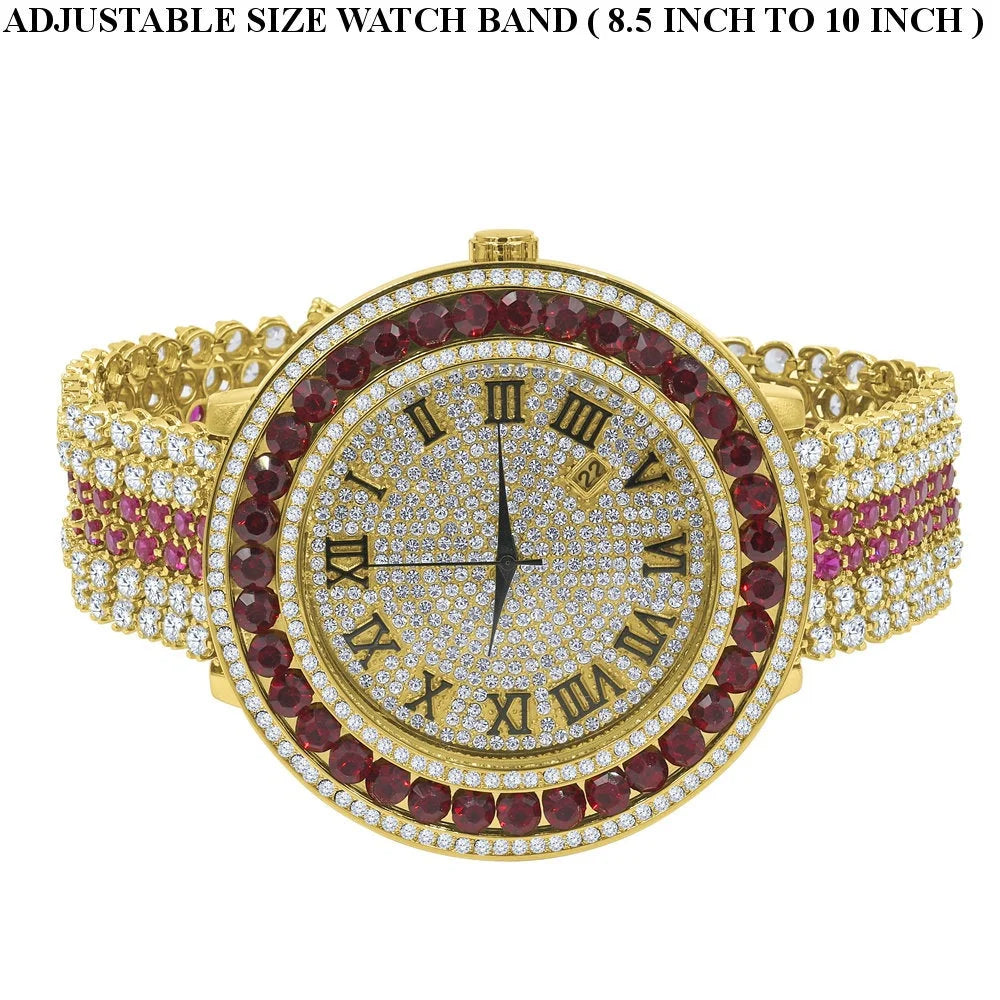 Ruby Red Roman Numeral Dial Big Face Gold Tone Mens Adjustable Watch Q44045