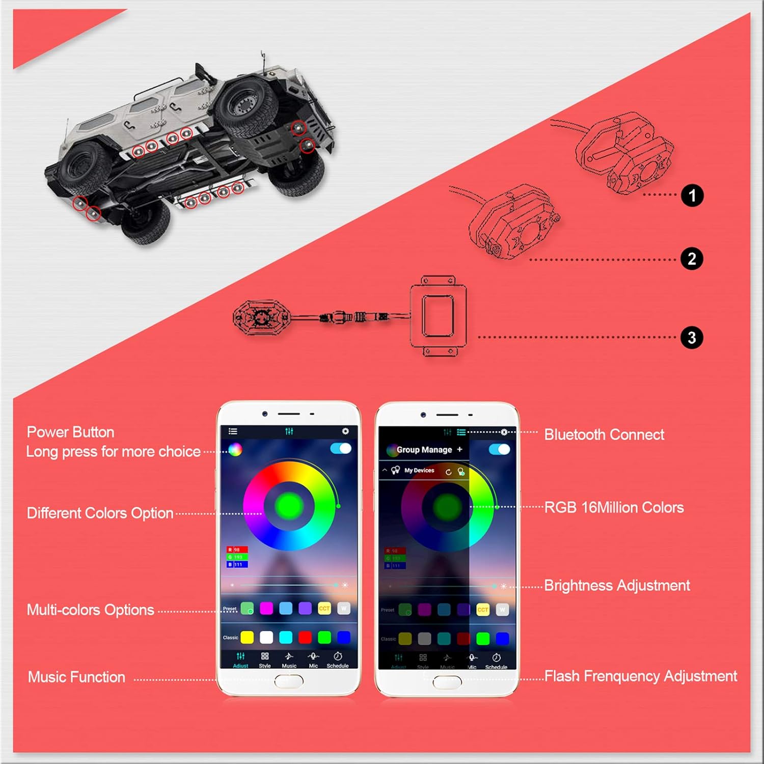 6 Pod Multicolor LED Rock Lights with Bluetooth Control D665