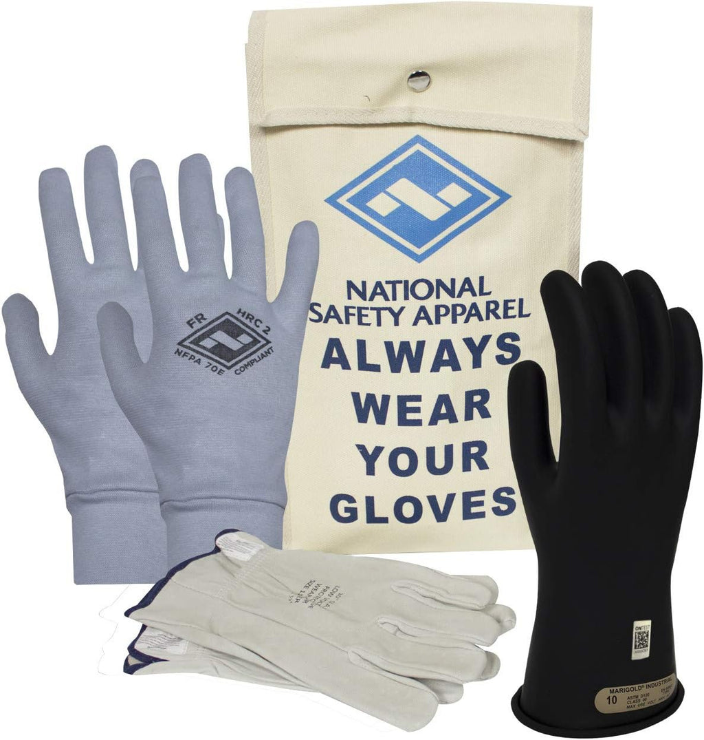 Class 00 Black Rubber Voltage Insulating Glove Kit with FR Knit Glove and Leather Protectors Z812429