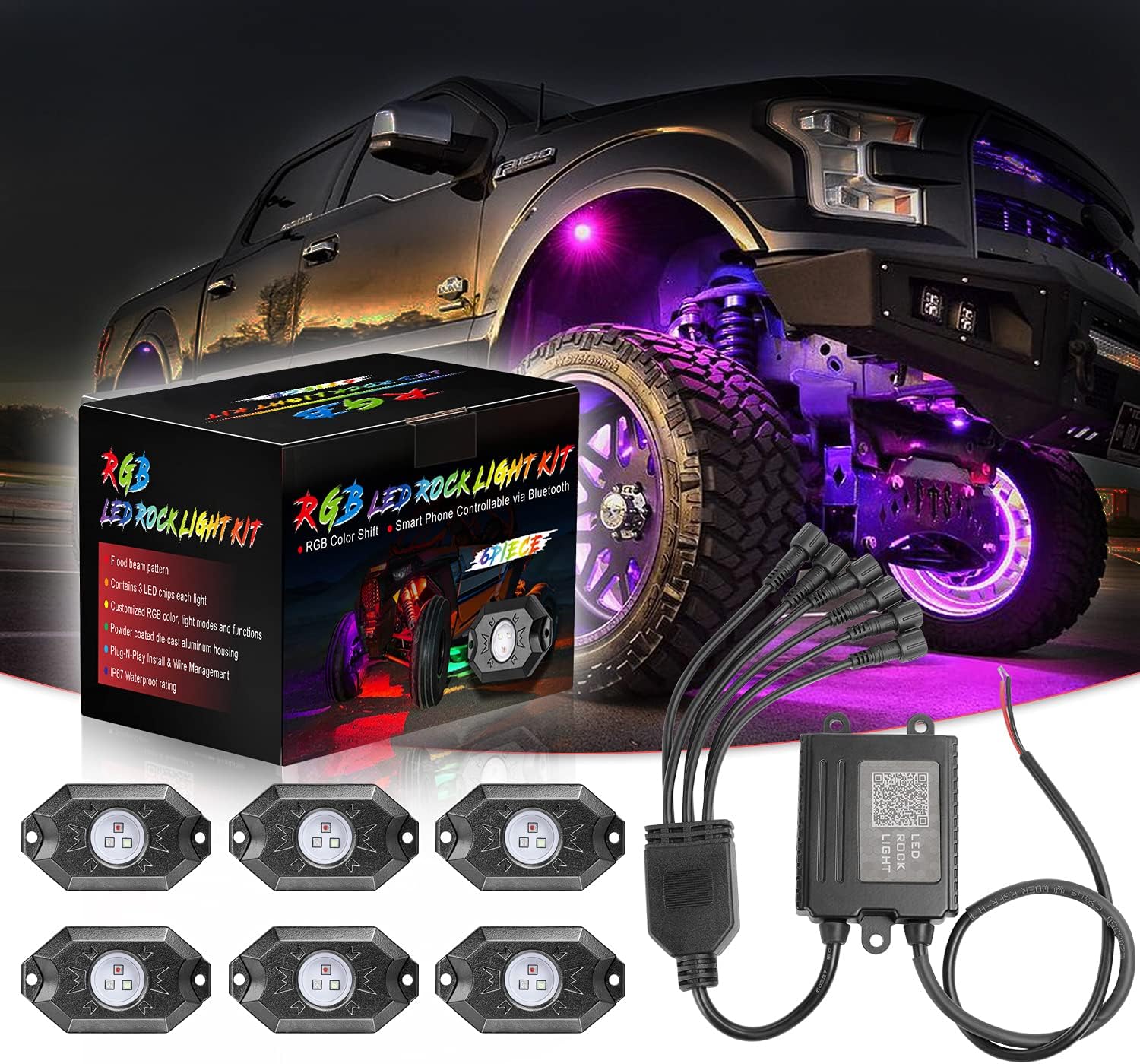 6 Pod Multicolor LED Rock Lights with Bluetooth Control D665