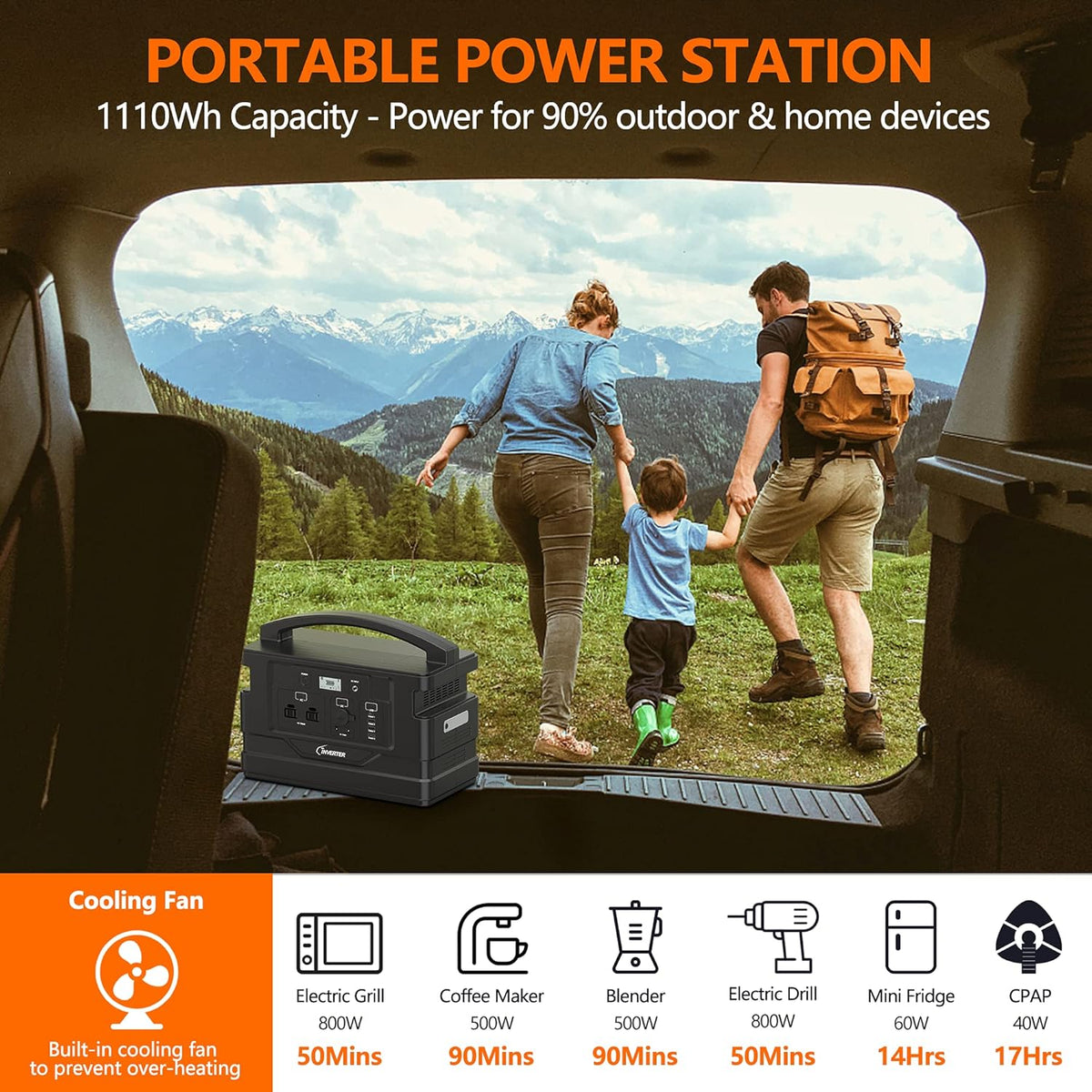 Portable Power Station 1000W 1110Wh Lithium Polymer Battery Solar Generator (Orange) Z299