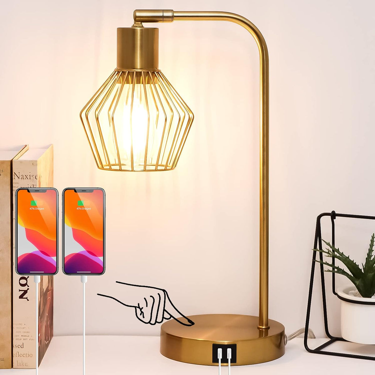 3-Way Dimmable Touch Control Table Lamp with Dual USB Ports, Black Metal Wire Cage, LED Bulb Included K632
