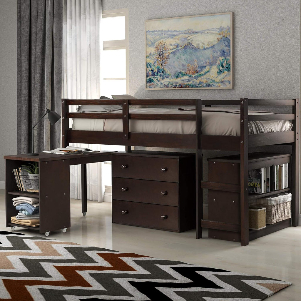 Espresso Solid Wood Twin Loft Bed with Storage Drawers and Cabinet F77587
