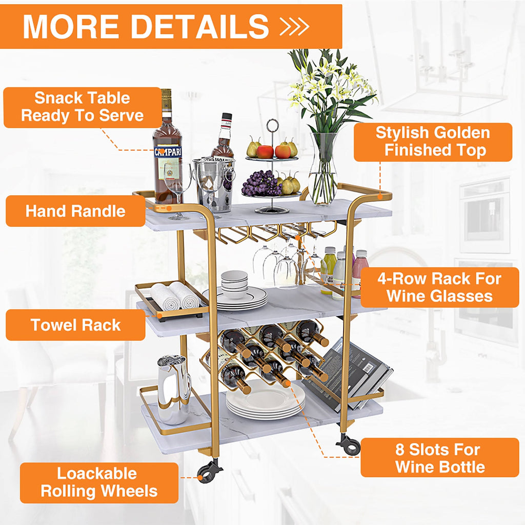 Black 3 Tier Bar Cart with Wheels J9656