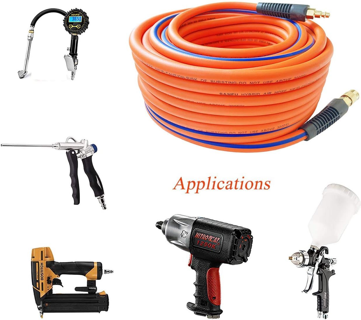 Orange 3/8”ID x 100ft 300PSI Air Compressor Hose with 1/4” Brass Coupler, Pack of 2 N28724