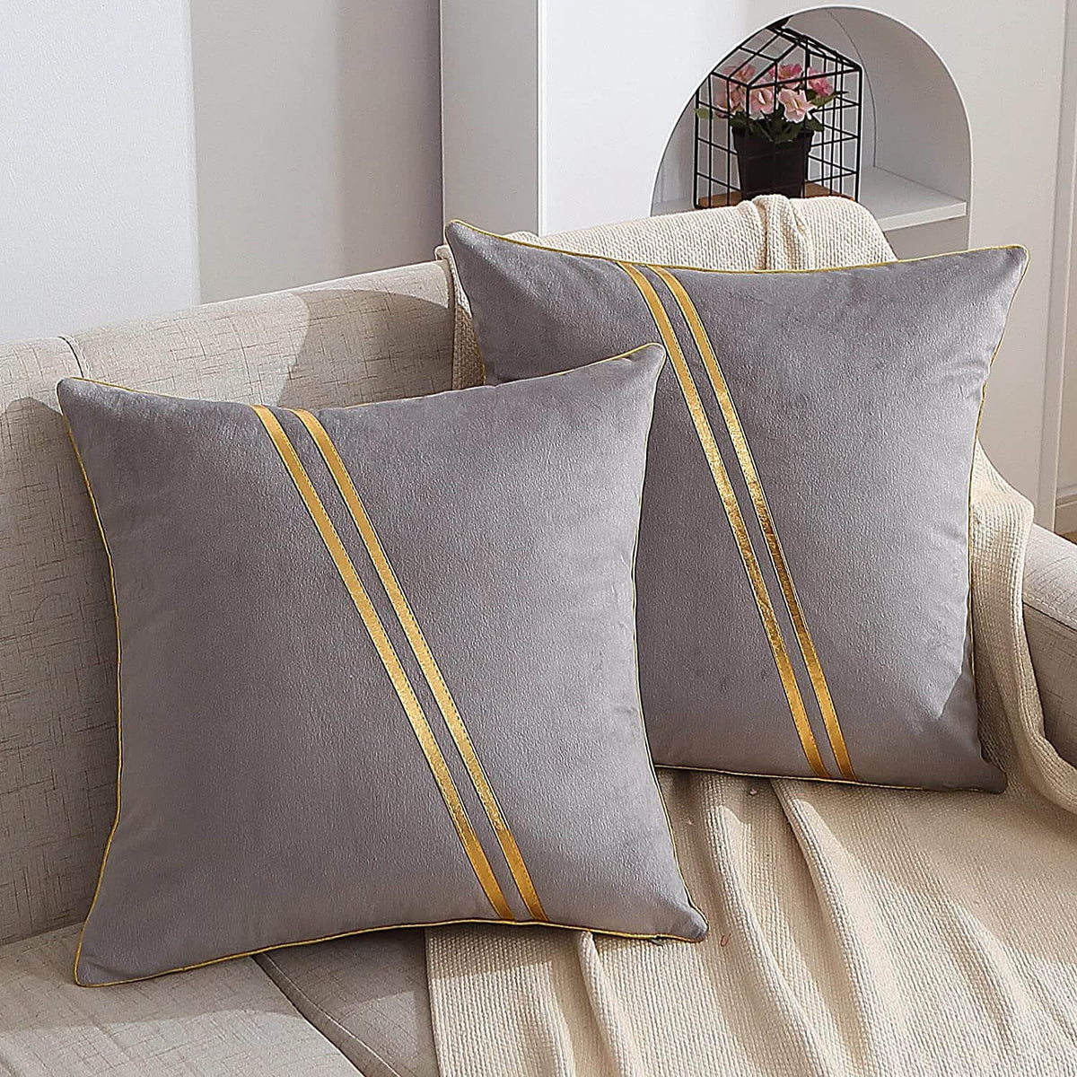 Set of 2 Gold Velvet Throw Pillow Covers with Leather, 20 x 20 in W450400