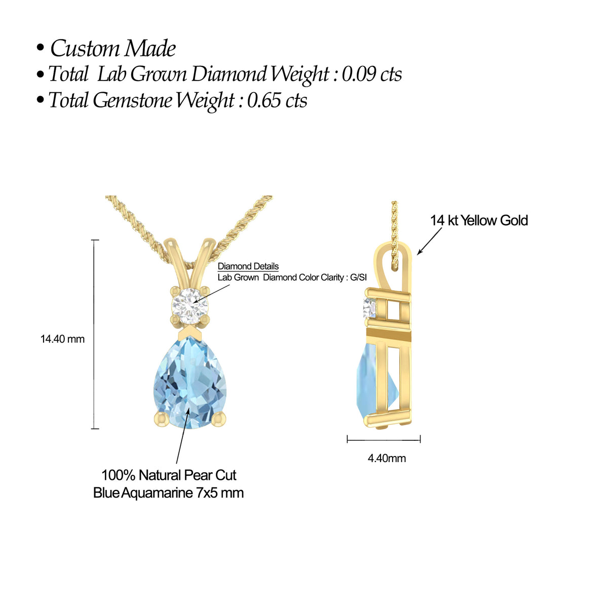 1.55 Carat 14K Yellow Gold Aquamarine and Round Lab Grown Diamond Solitaire Pendant Necklace T1411