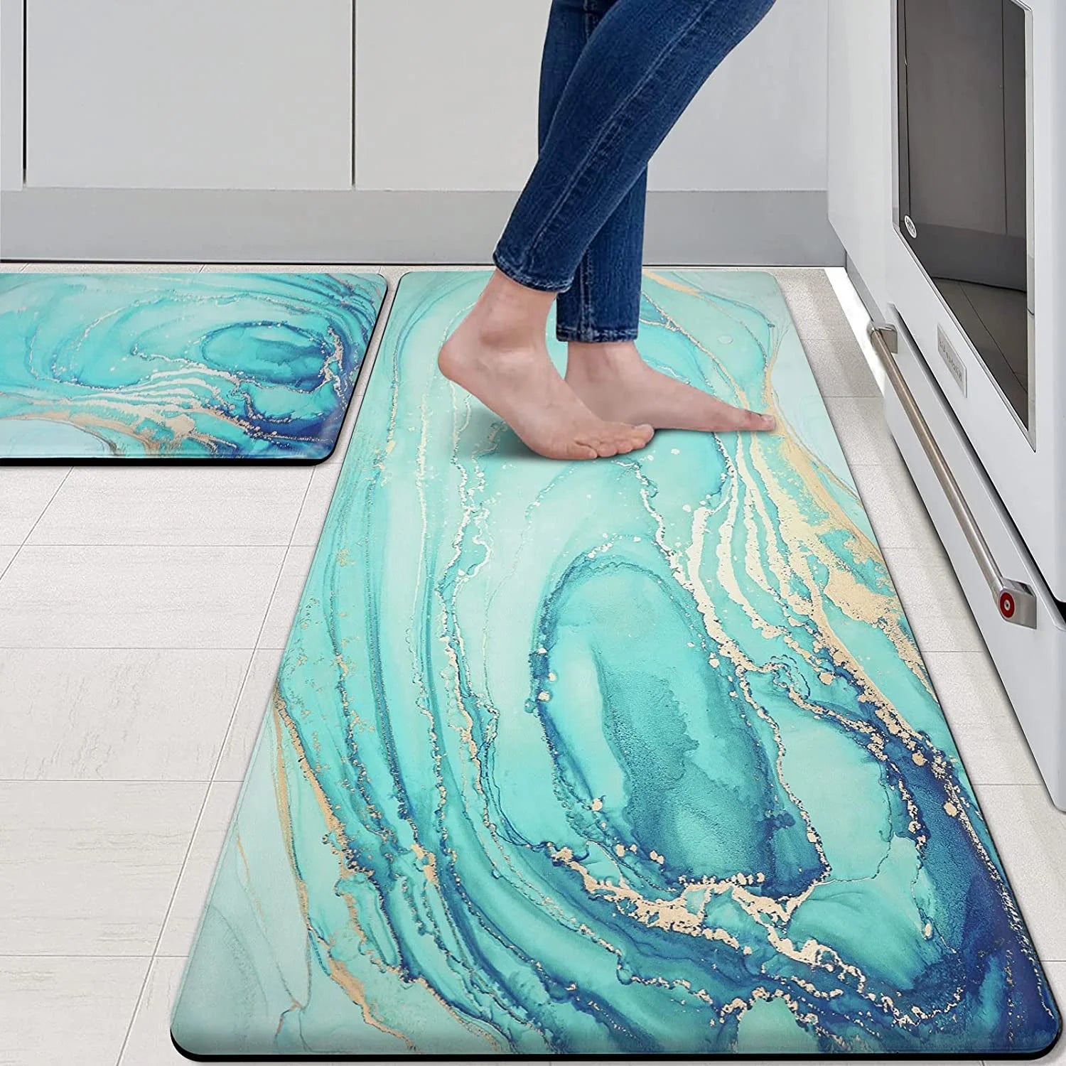 Teal Marble Gold Anti Fatigue PVC Non Slip Kitchen Mats Q526602