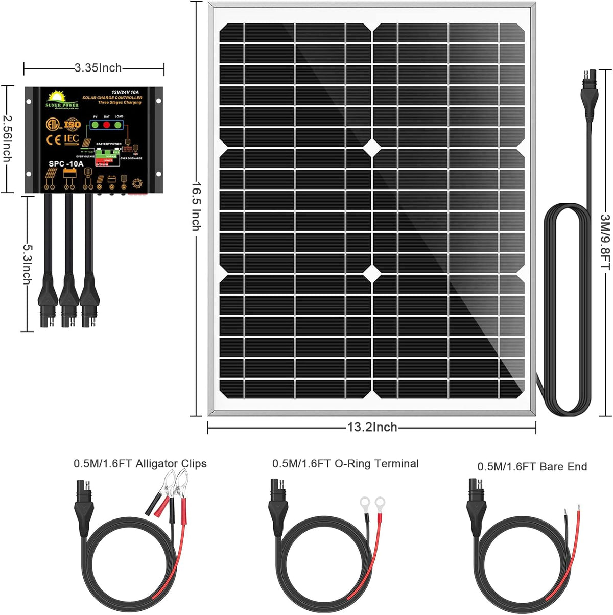 50W Mono Crystalline 12V Solar Panel Kit with 10A Charge Controller and SAE Cable Adapters U86282