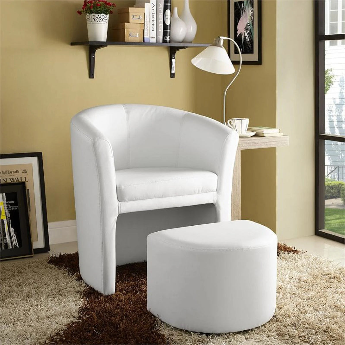 White Faux Leather Accent Chair with Ottoman X973