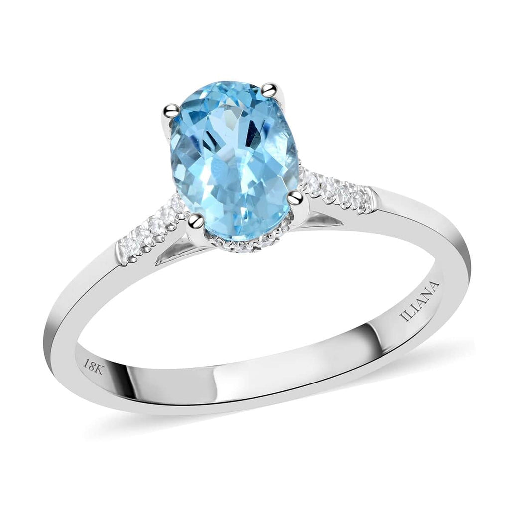 Blue Aquamarine White Diamond Oval 18K White Gold Ring Size 6 Ct 1.13 G-H Color Si1 Clarity B990101