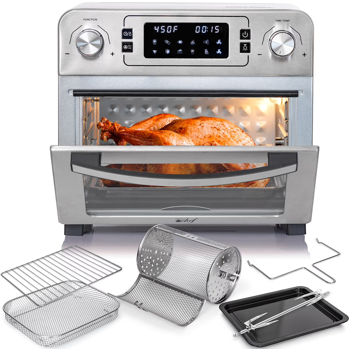 Open Box 24 QT Stainless Steel Countertop Toaster Oven with Air Fryer and Rotisserie Assembly M89427