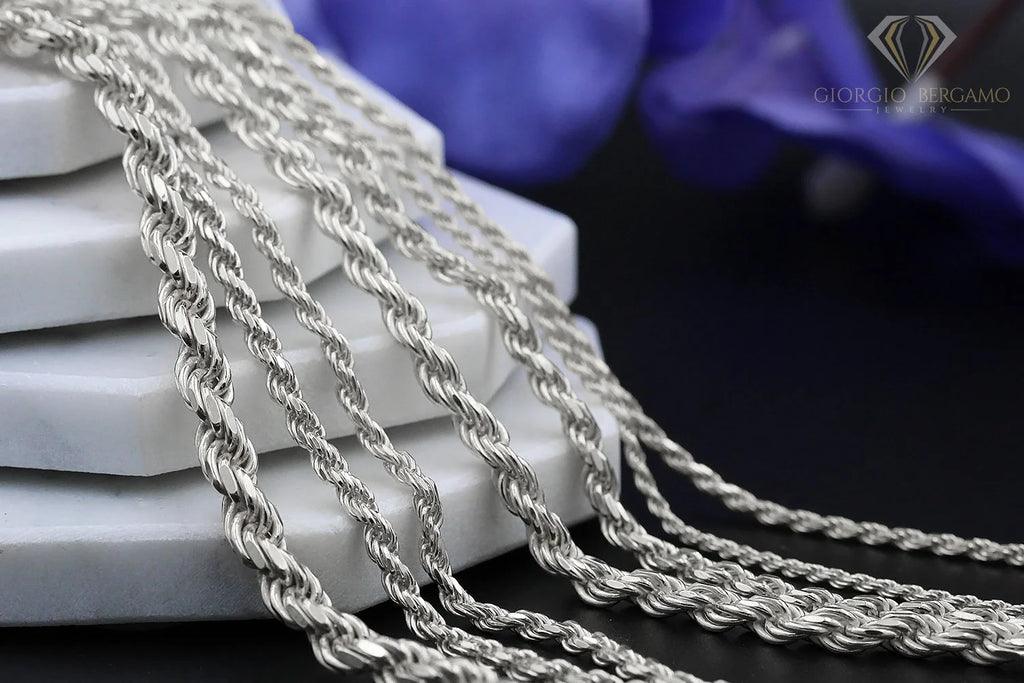 925 Sterling Silver 4mm Solid Rope Diamond Cut Chain Necklace T33477