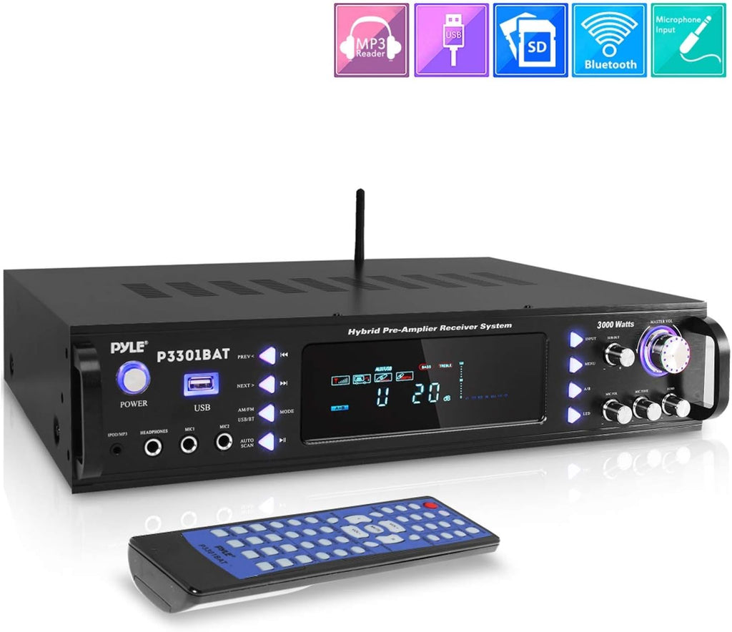 Wireless Bluetooth Stereo Amplifier with AM/FM Radio, USB, AUX, RCA, Karaoke Mic in, Remote I732285