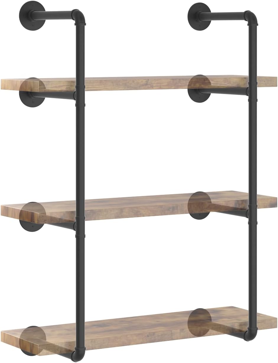 Industrial Wall Mount Iron Pipe Shelf Black 3 Tier X2 R82433