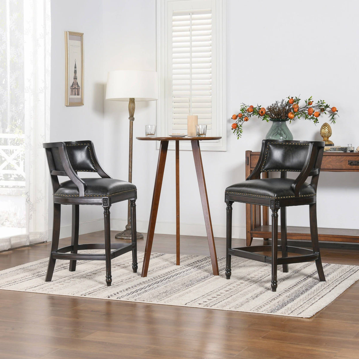 Farmhouse Counter Height Bar Stool Vintage Black Brown Faux Leather L820