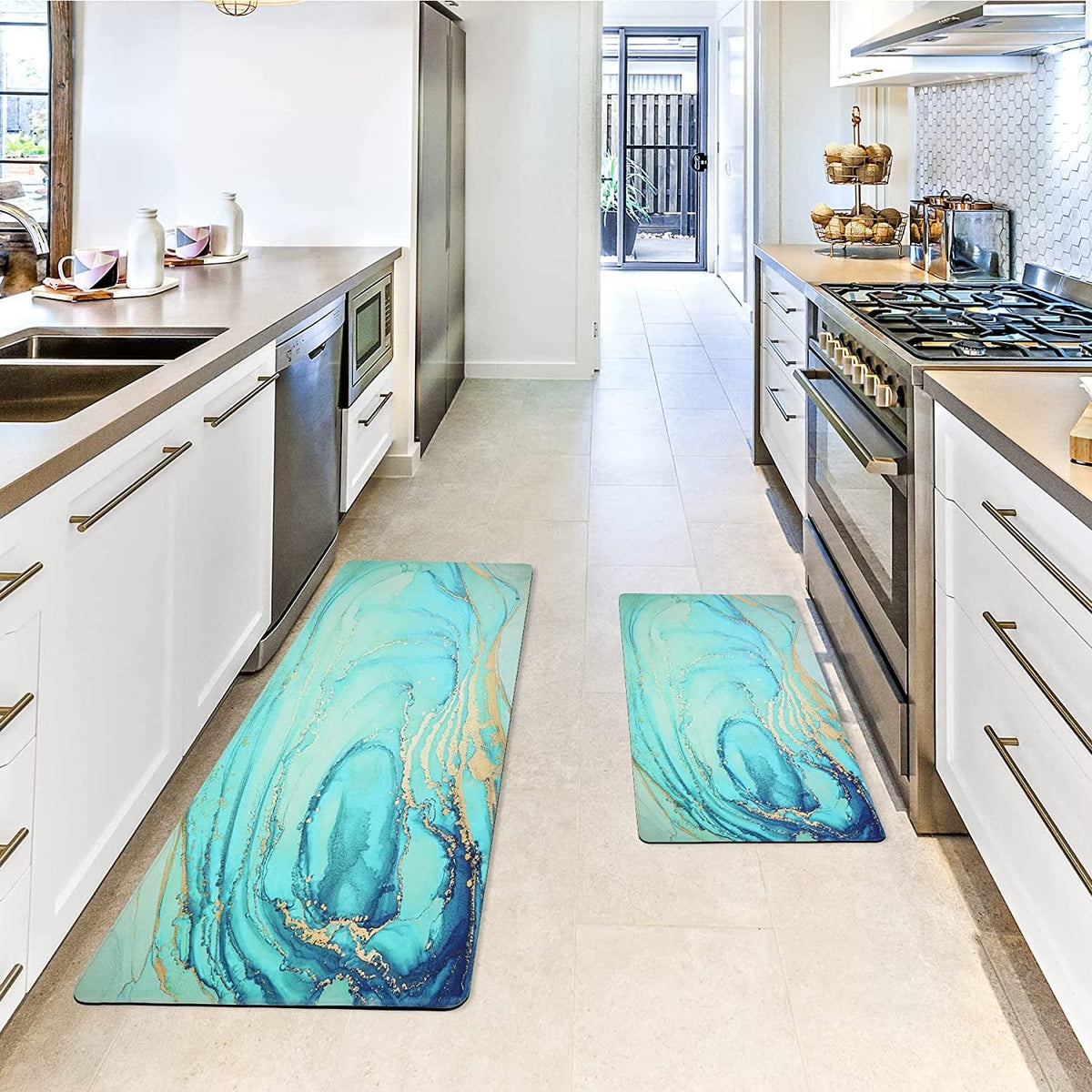 Teal Marble Gold Anti Fatigue PVC Non Slip Kitchen Mats Q526602