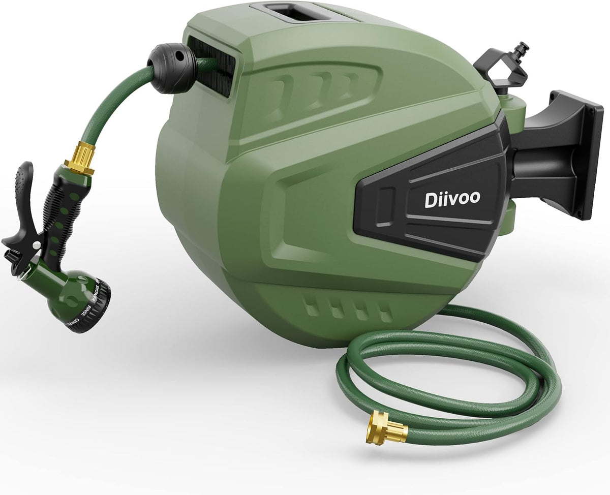 Retractable Garden Hose Reel 65 ft, Wall Mount, Automatic Rewind, 180° Swivel Bracket, 9 Pattern Hose Nozzle P696