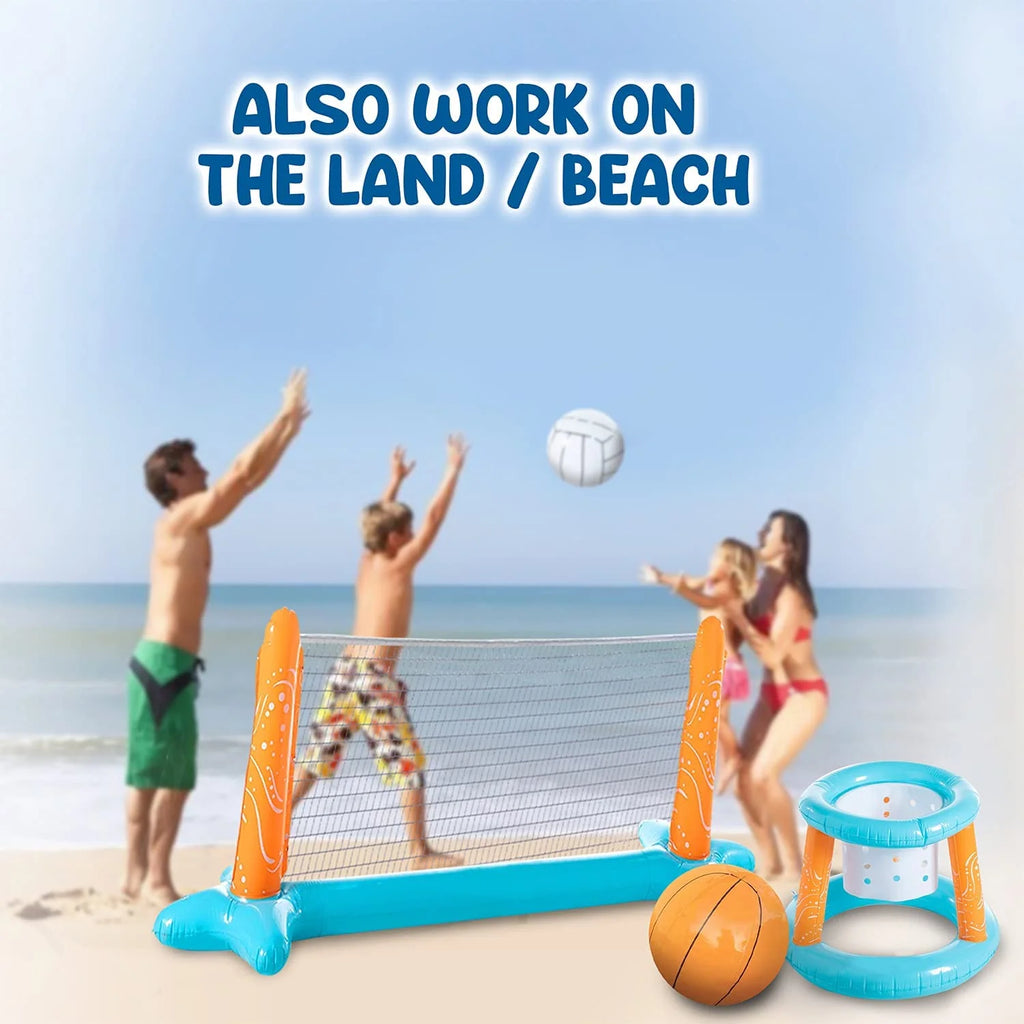 Light Blue Inflatable Pool Volleyball Set with 2 Balls and Basketball Hoops I672