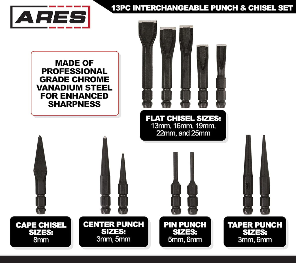 13-Piece Interchangeable Punch and Chisel Set with Chrome Vanadium Steel Handle I718