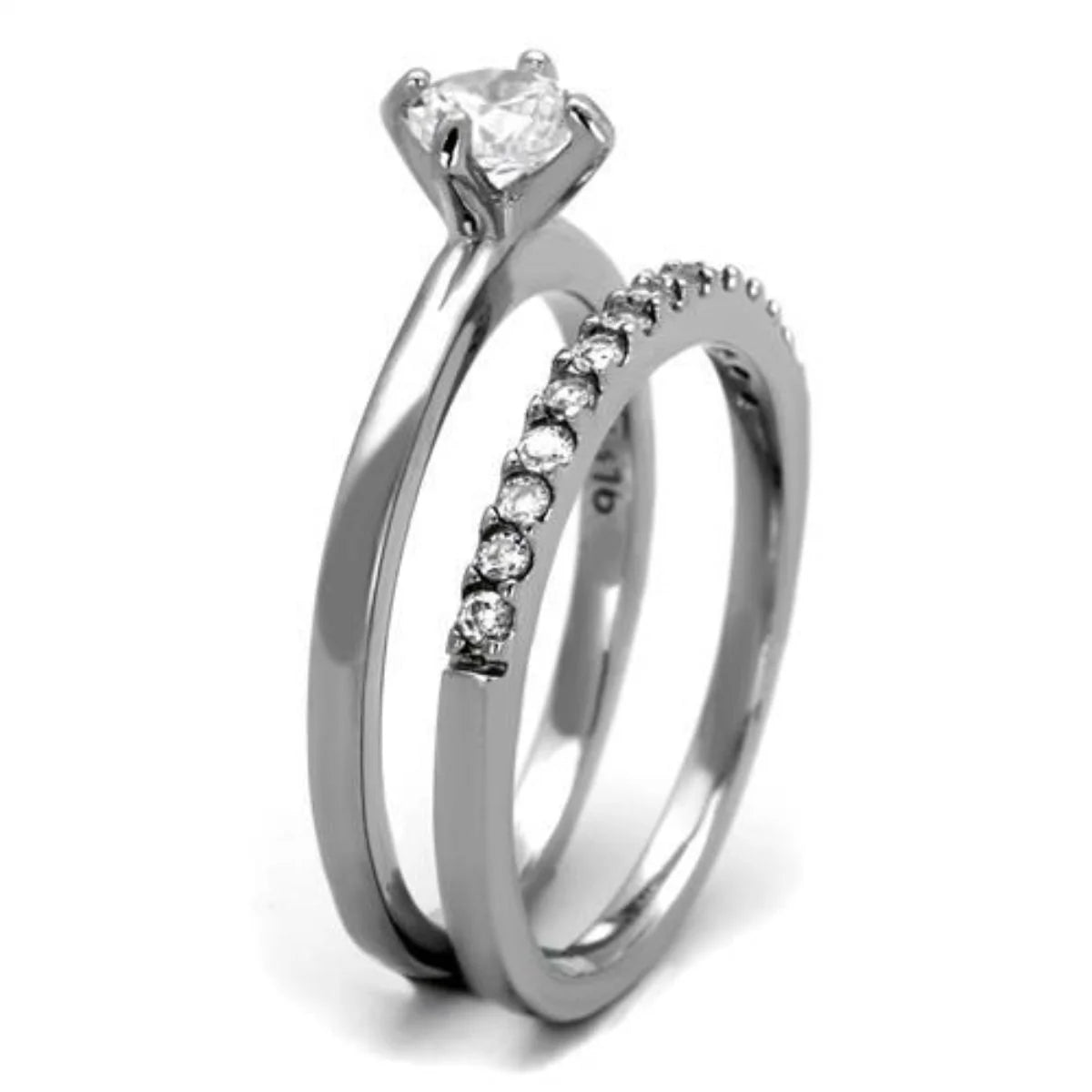 2-Piece Stainless Steel Wedding Ring Set with Round Cubic Zirconia H34608