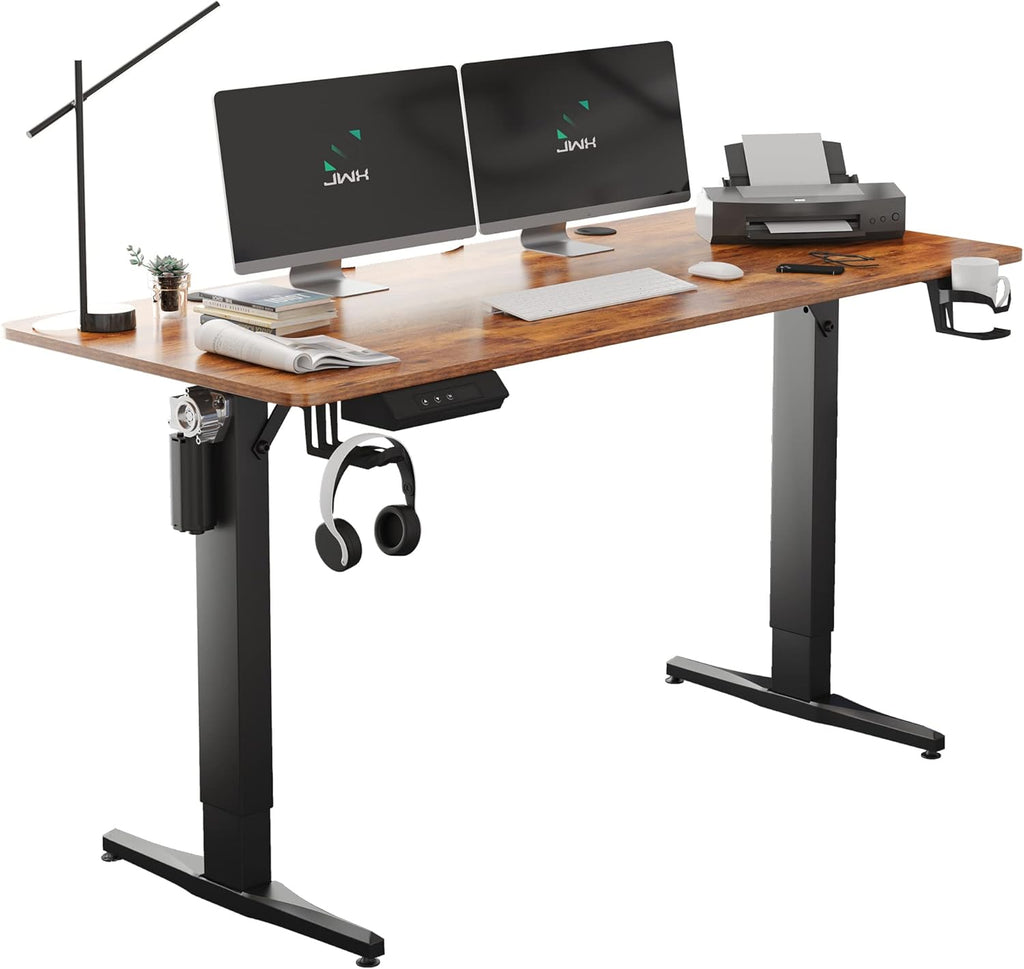55 inch Adjustable Height Electric Standing Desk with Cup Holder, Headphone Hook, Cable Manager, Mouse pad, Walnut Wood J158856