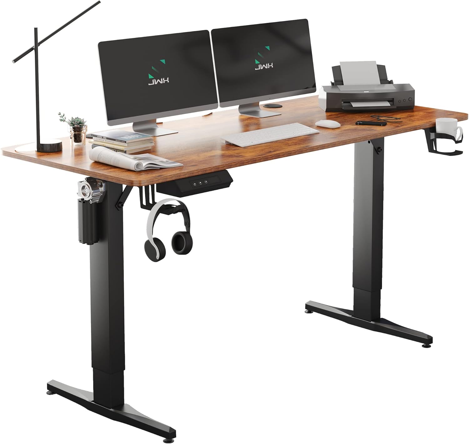 55 inch Adjustable Height Electric Standing Desk with Cup Holder, Headphone Hook, Cable Manager, Mouse pad, Walnut Wood J158856