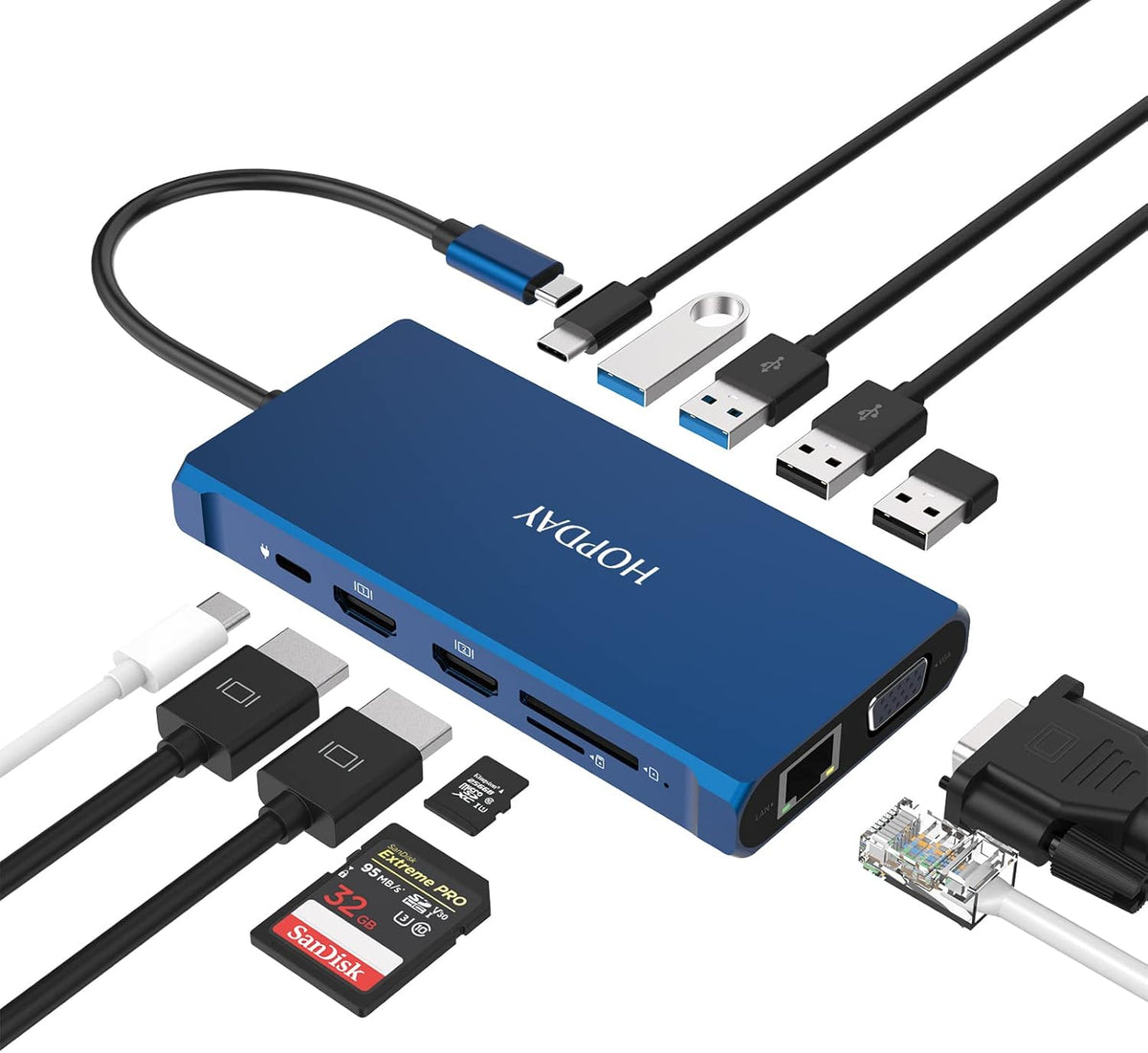 18 in 1 Thunderbolt 3 Docking Station Dual Monitor 8K Displayport 2 USB C 7 USB A Gigabit LAN SD&TF 65W DC Power Audio Optical Out U52065