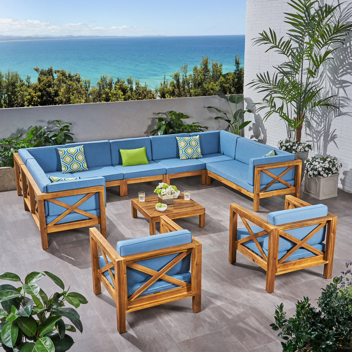 Blue and Brown Outdoor Patio Sectional Sofa with Club Chair Set N3828