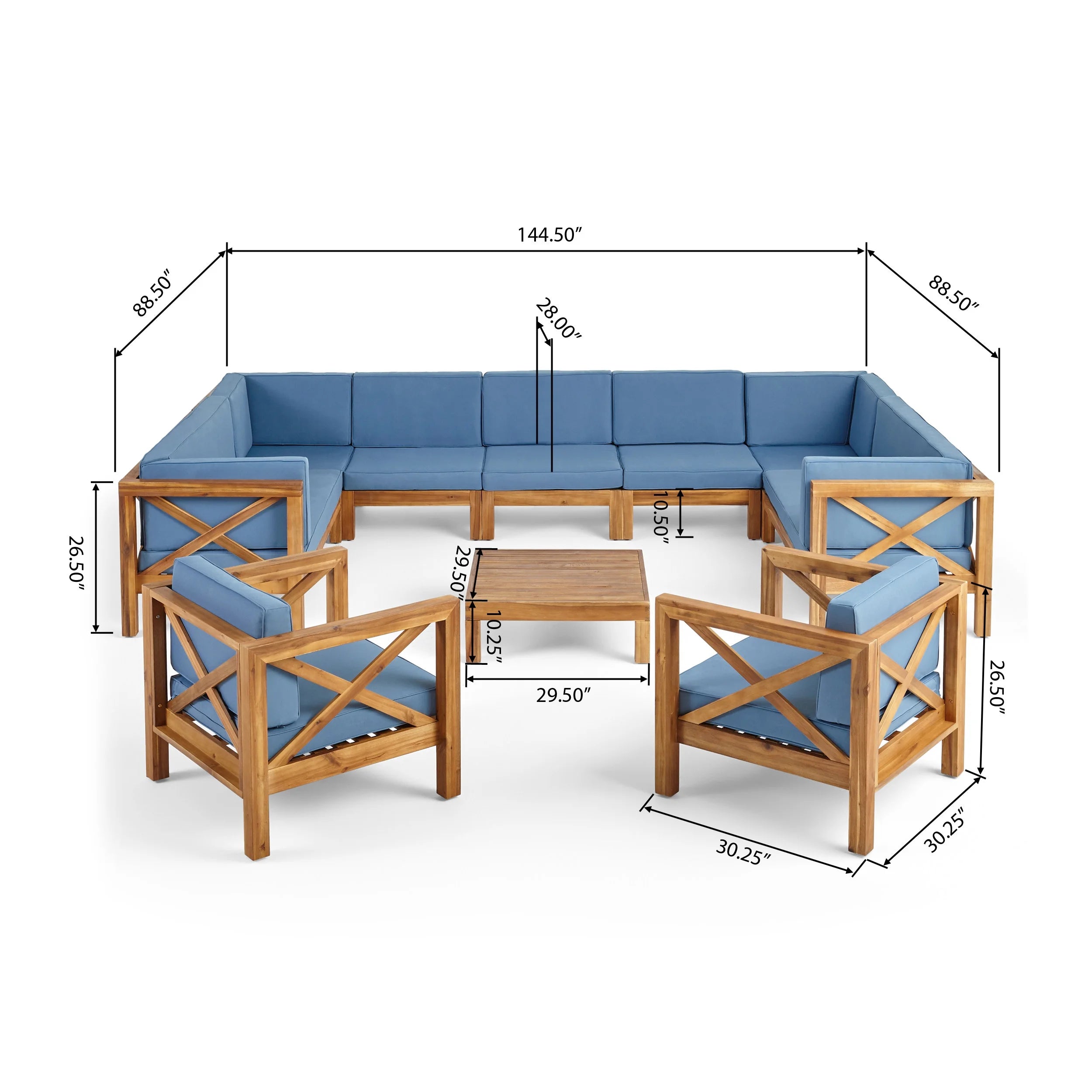 Blue and Brown Outdoor Patio Sectional Sofa with Club Chair Set N3828