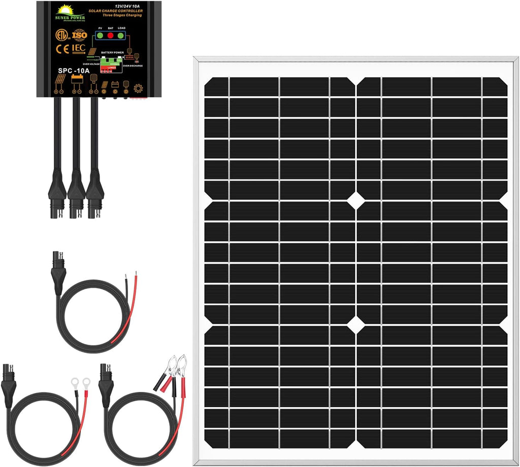 50W Mono Crystalline 12V Solar Panel Kit with 10A Charge Controller and SAE Cable Adapters U86282