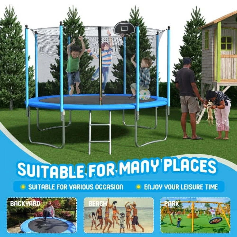 10FT Trampoline with Safety Enclosure Net, Basketball Hoop, Ball and Ladder E1534
