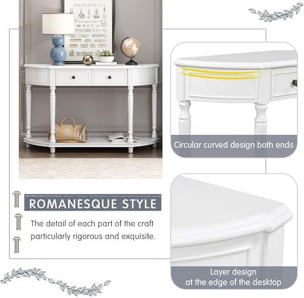 Antique White Wood Half Console Table with Drawers P74729