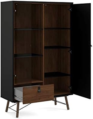 2 Piece Furniture Set with Sideboard and China Cabinet in Black Matte and Walnut O835