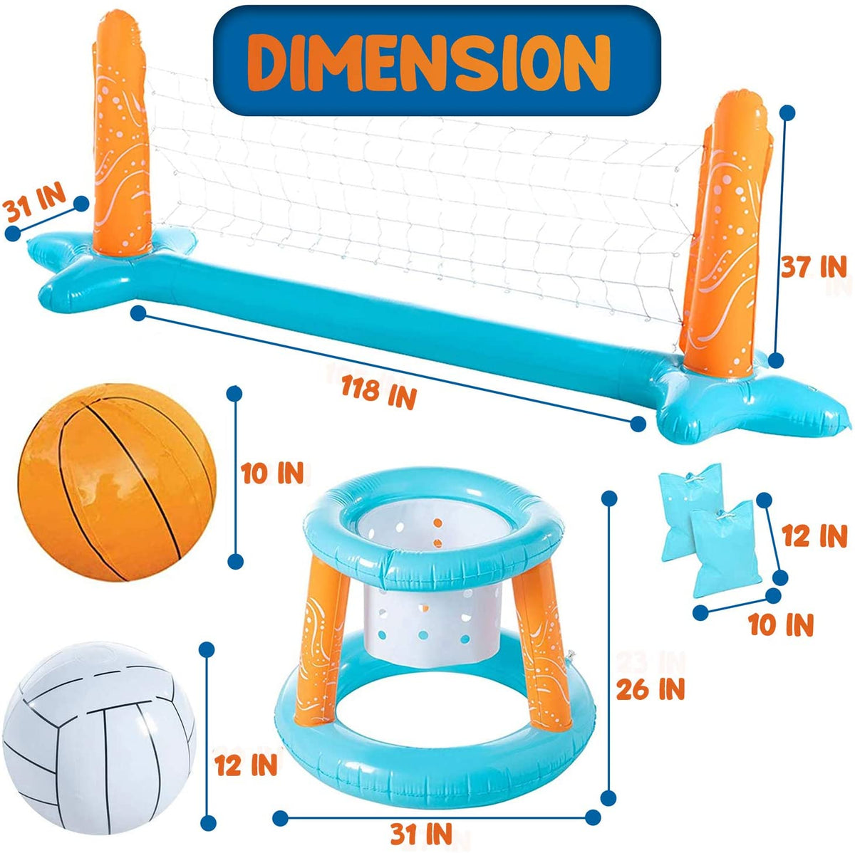 Light Blue Inflatable Pool Volleyball Set with 2 Balls and Basketball Hoops I672
