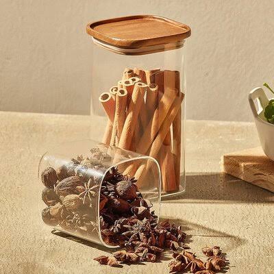 Square Glass Jars with Wood Lids Set of 2 Airtight Stackable Storage Containers Q364