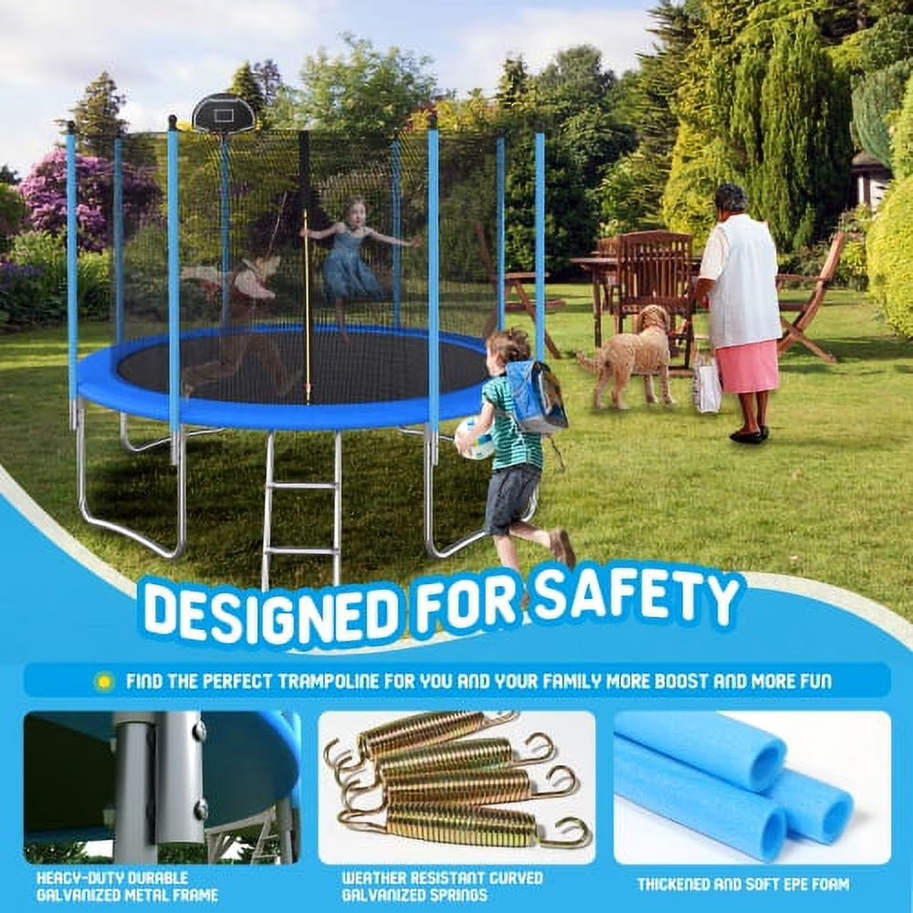 10FT Trampoline with Safety Enclosure Net, Basketball Hoop, Ball and Ladder E1534