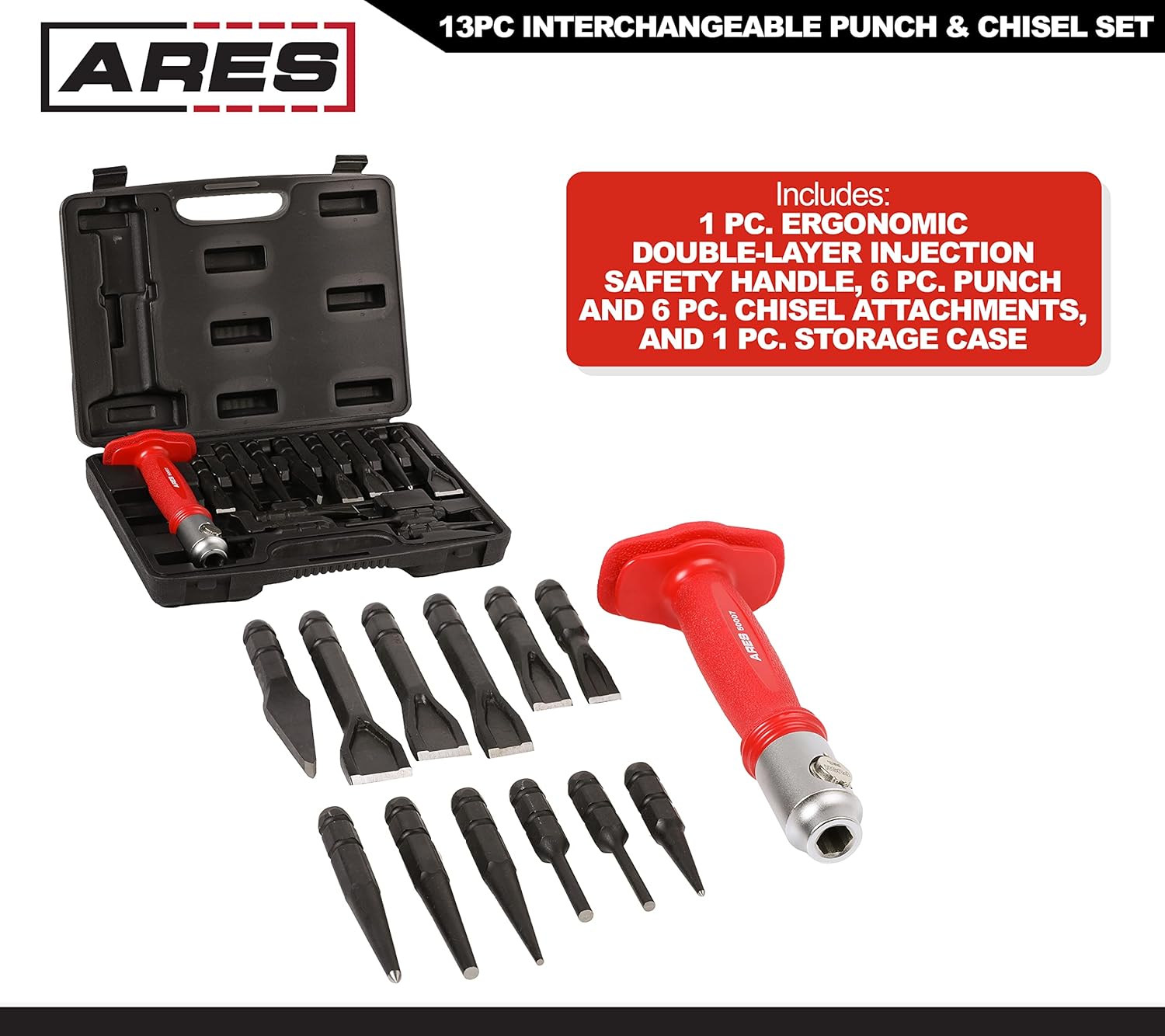 13-Piece Interchangeable Punch and Chisel Set with Chrome Vanadium Steel Handle I718