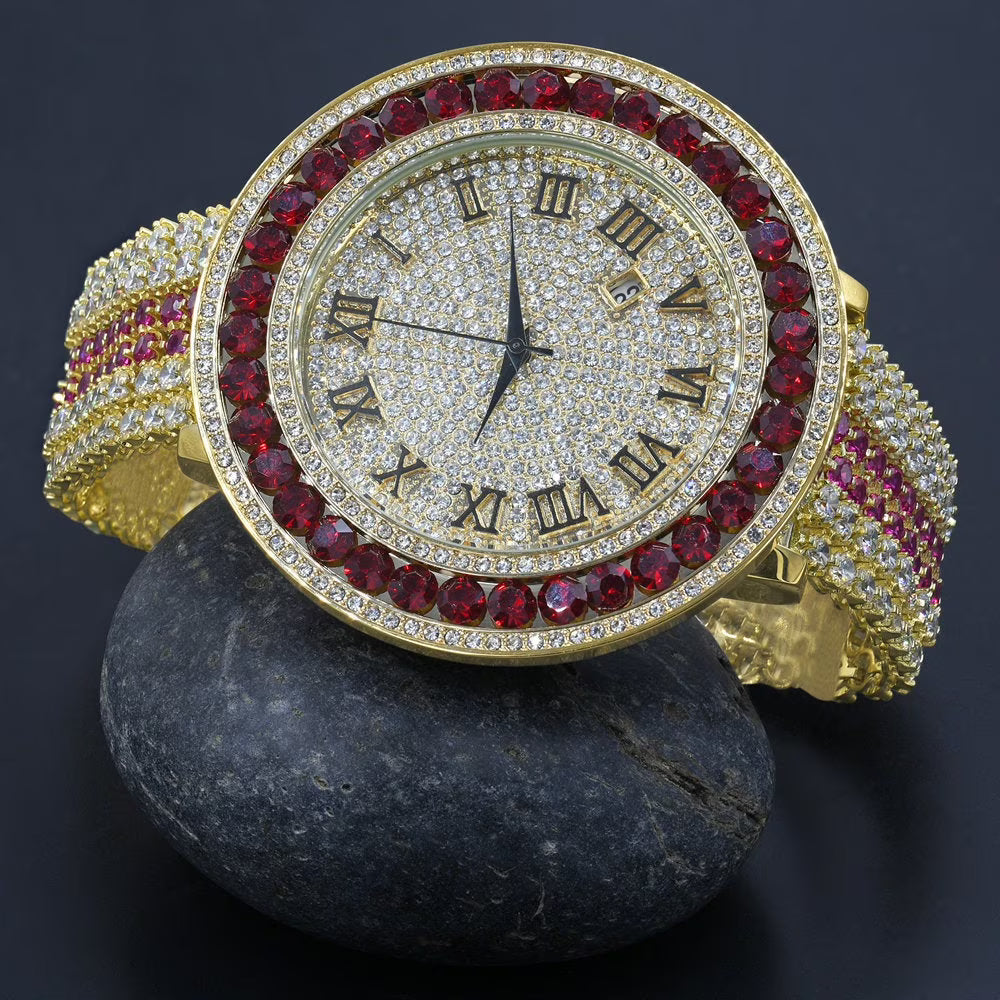 Ruby Red Roman Numeral Dial Big Face Gold Tone Mens Adjustable Watch Q44045