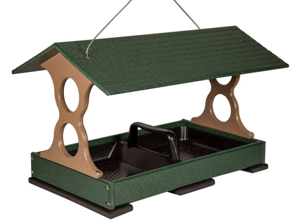 Large Fly Thru Bird Feeder Green and Tan with Universal Mounting pole Q93129