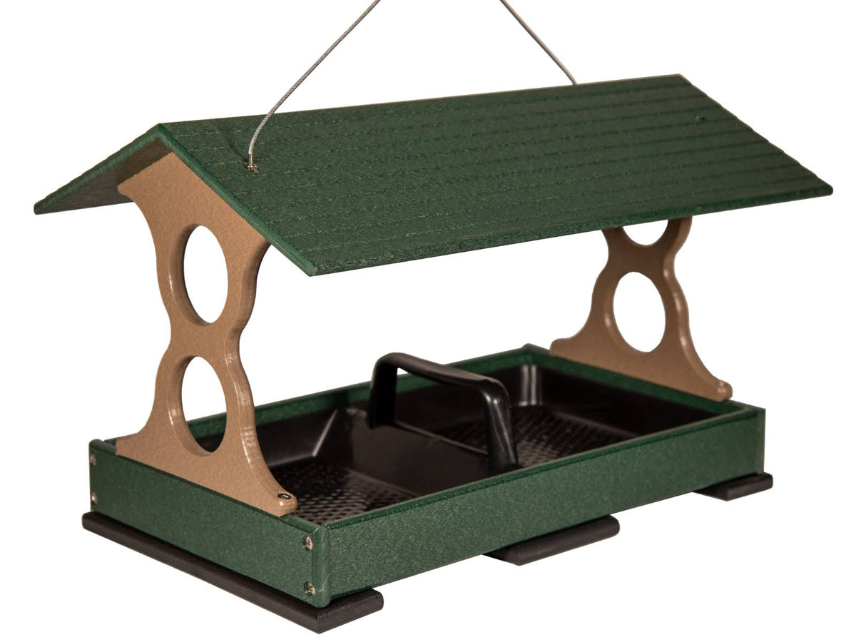 Large Fly Thru Bird Feeder Green and Tan with Universal Mounting pole Q93129