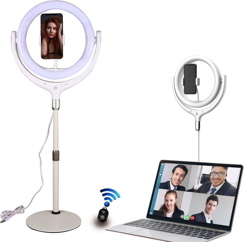 White Adjustable LED Ring Light with Phone Holder Q683122